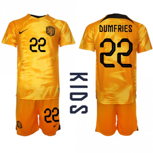 Fotbalové Dres Holandsko Denzel Dumfries #22 Dětské Domácí MS 2022 Krátký Rukáv (+ trenýrky)